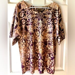 Jane Ashley Brown Taupe Gold Metal Gem Detail Short Slv Boho Print Knit Top XL